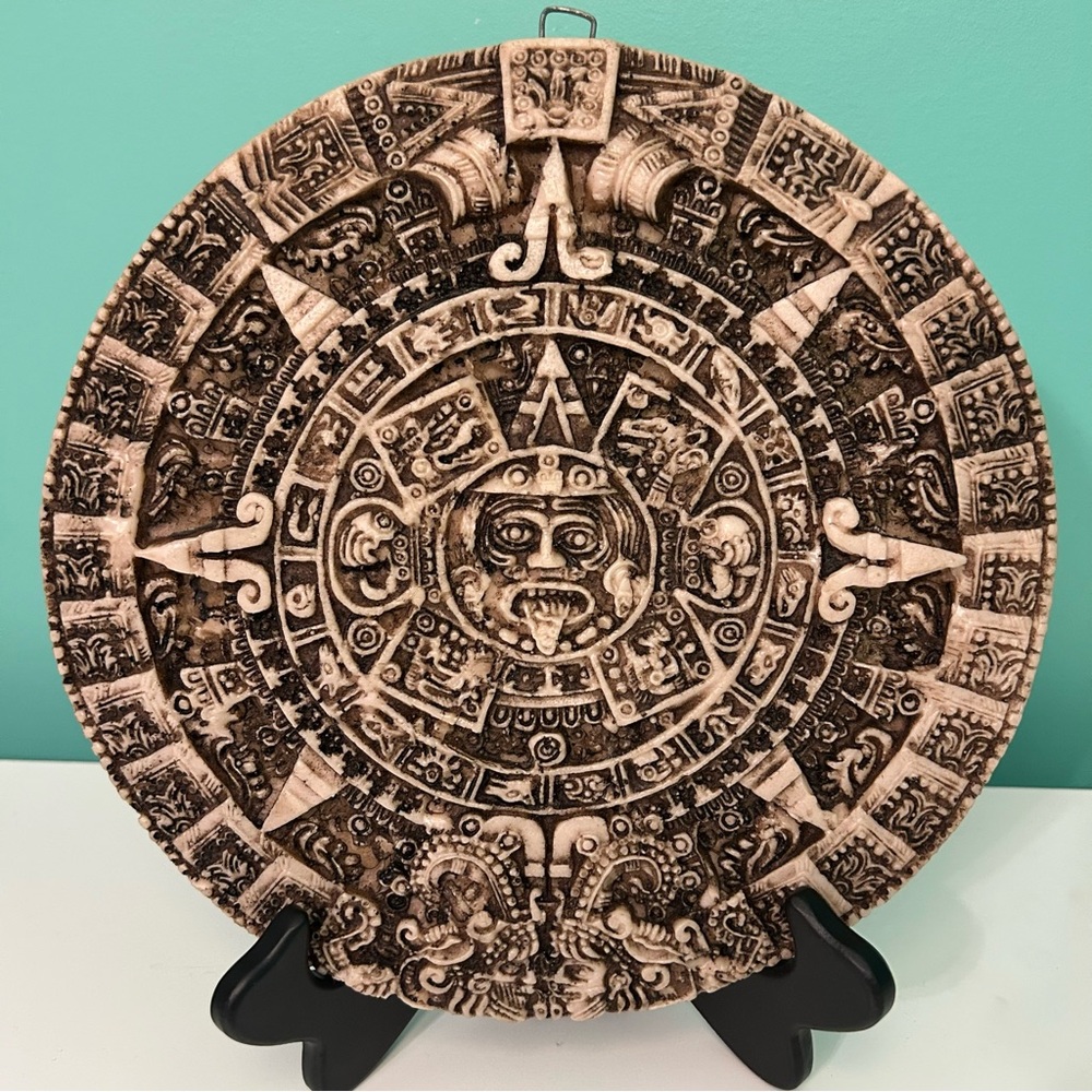 Aztec Sun Stone Calendar Vintage  Malachite Wall Plaque